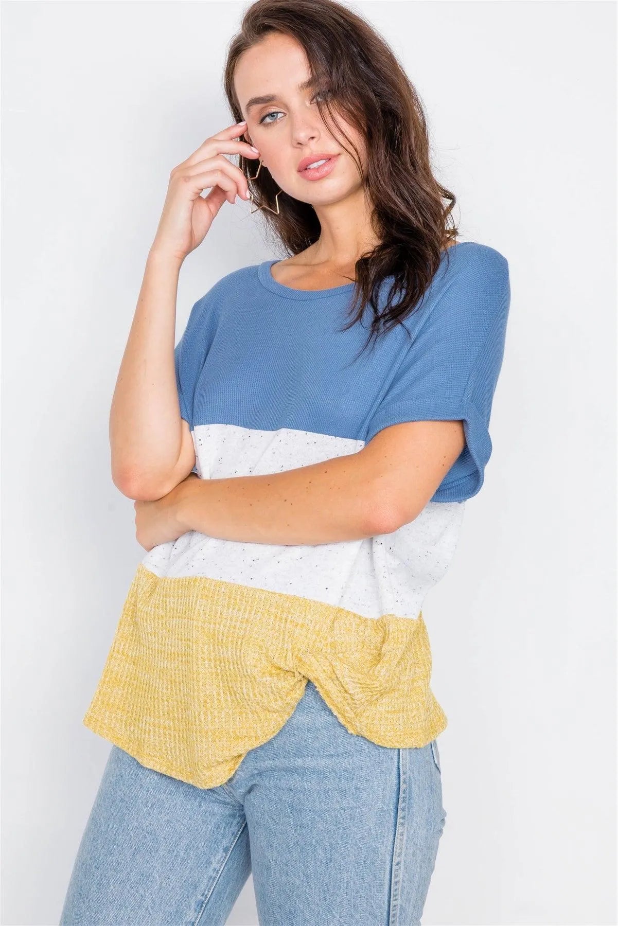 Denim Color Block Side Twist Front Cuffed Sleeve Top / 2-2-2 - Tasha Apparel Wholesale