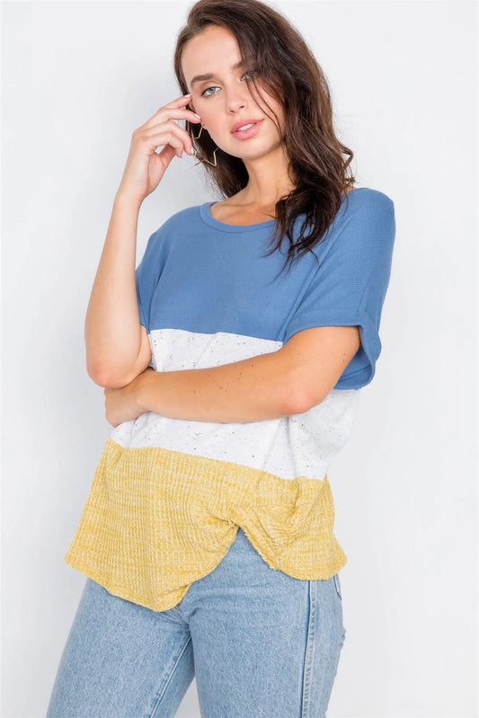 Denim Color Block Side Twist Front Cuffed Sleeve Top / 2-2-2 - Tasha Apparel Wholesale