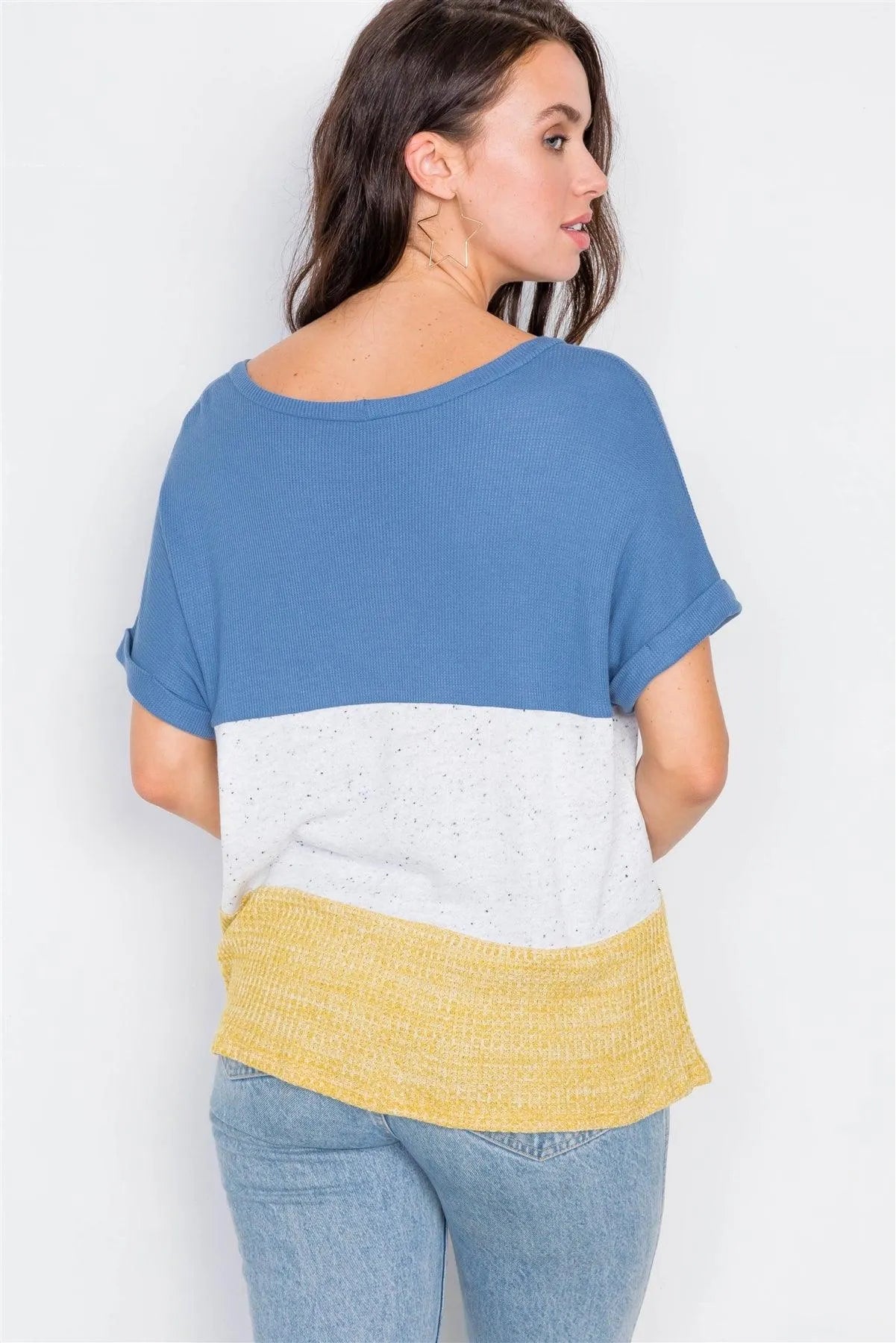 Denim Color Block Side Twist Front Cuffed Sleeve Top / 2-2-2 - Tasha Apparel Wholesale