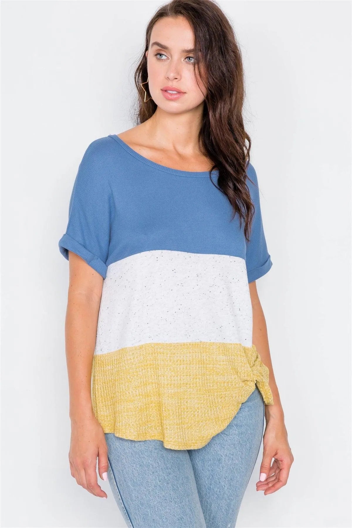 Denim Color Block Side Twist Front Cuffed Sleeve Top / 2-2-2 - Tasha Apparel Wholesale