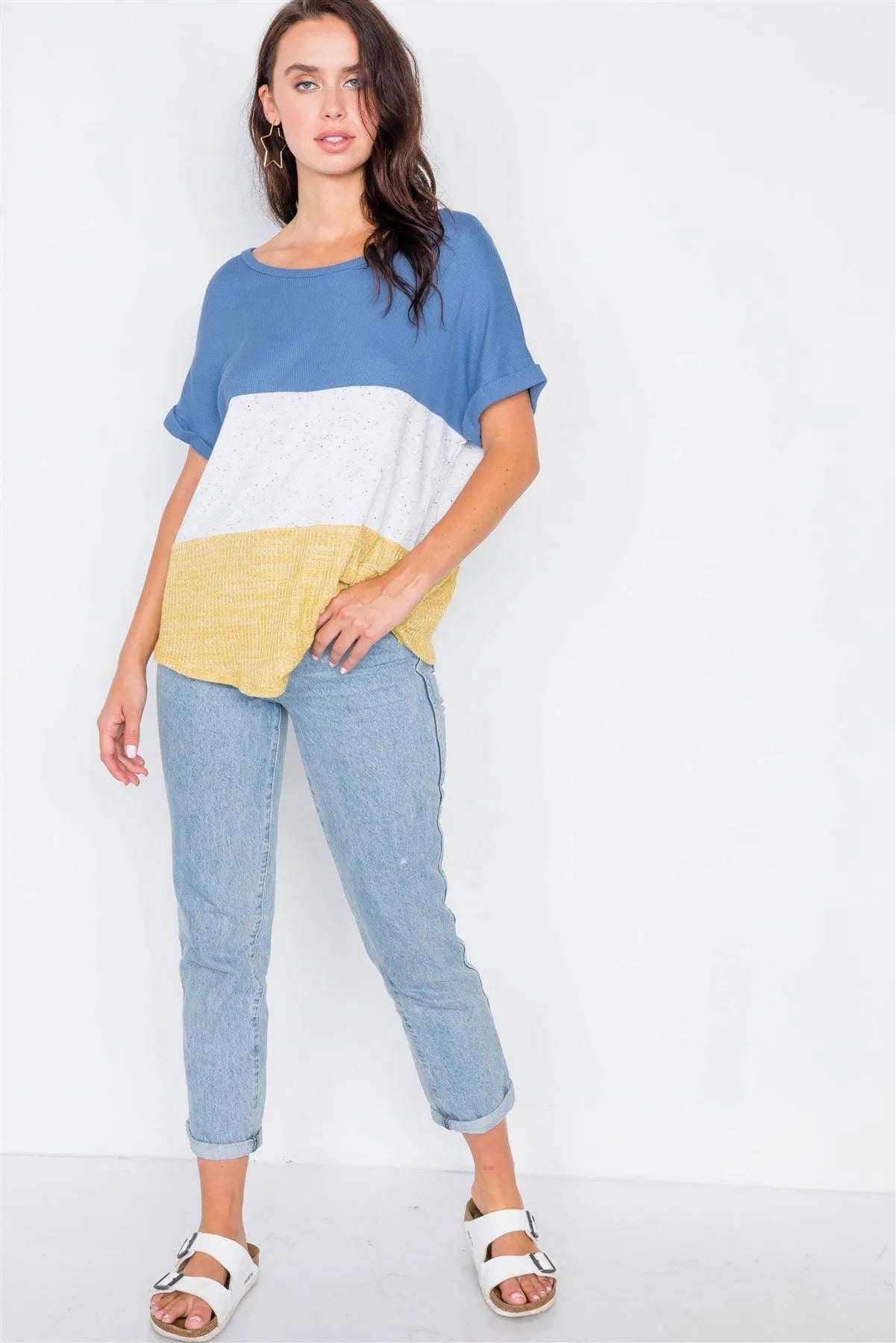 Denim Color Block Side Twist Front Cuffed Sleeve Top / 2-2-2 - Tasha Apparel Wholesale