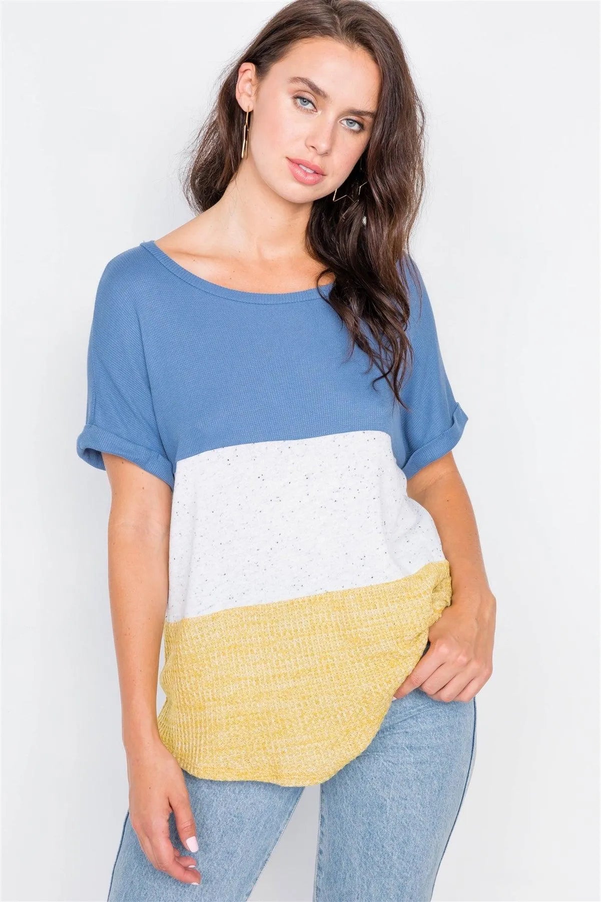 Denim Color Block Side Twist Front Cuffed Sleeve Top / 2-2-2 - Tasha Apparel Wholesale