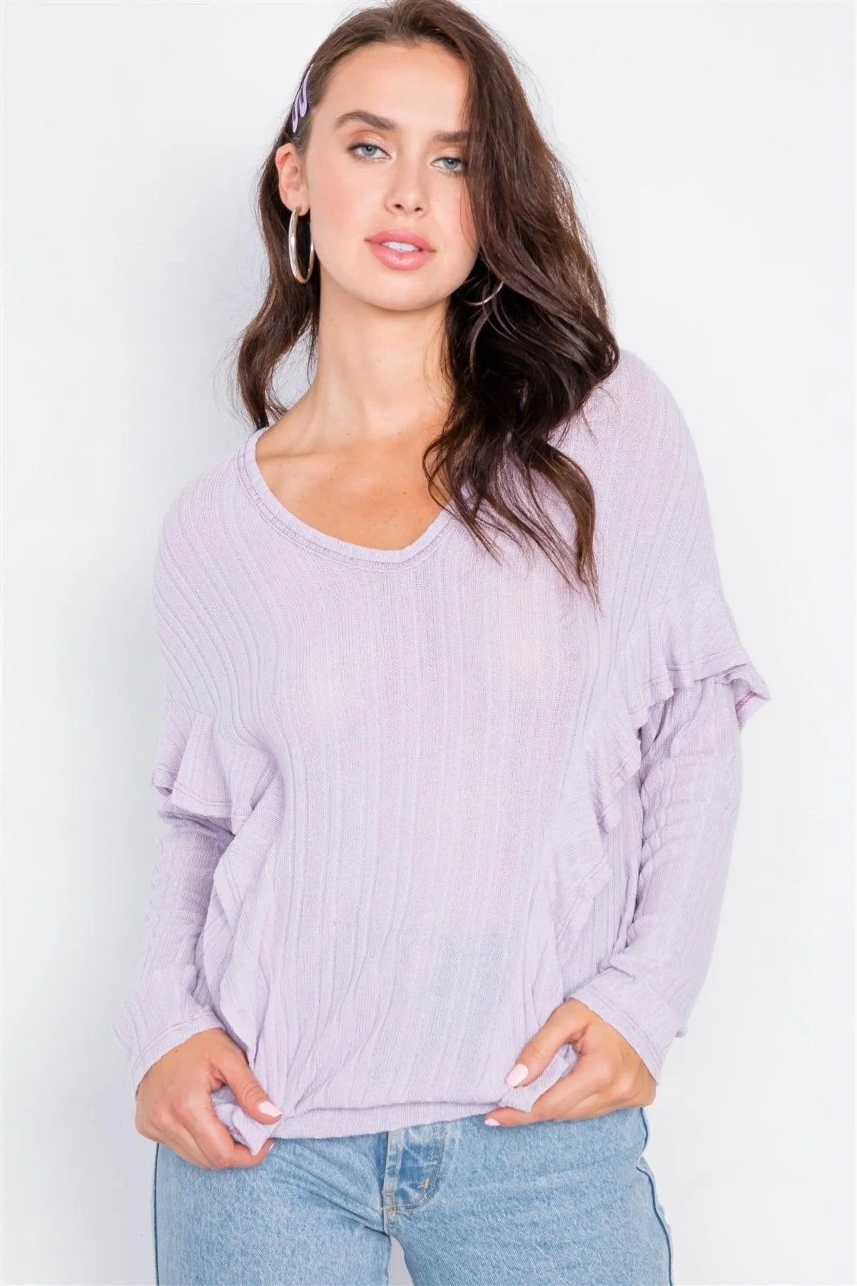 Wholesale Relaxed Fit Ribbed Knit Long Ruffle Sleeve Top