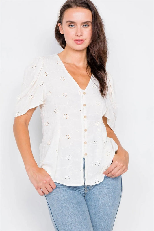 Natural Eyelet Flower Cap Sleeve Pleated V-Neck Blouse /2-2-2 - Tasha Apparel Wholesale