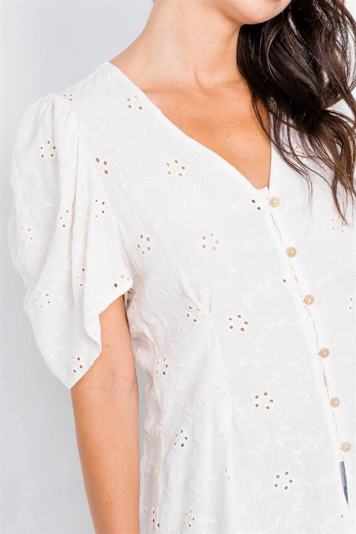 Natural Eyelet Flower Cap Sleeve Pleated V-Neck Blouse /2-2-2 - Tasha Apparel Wholesale