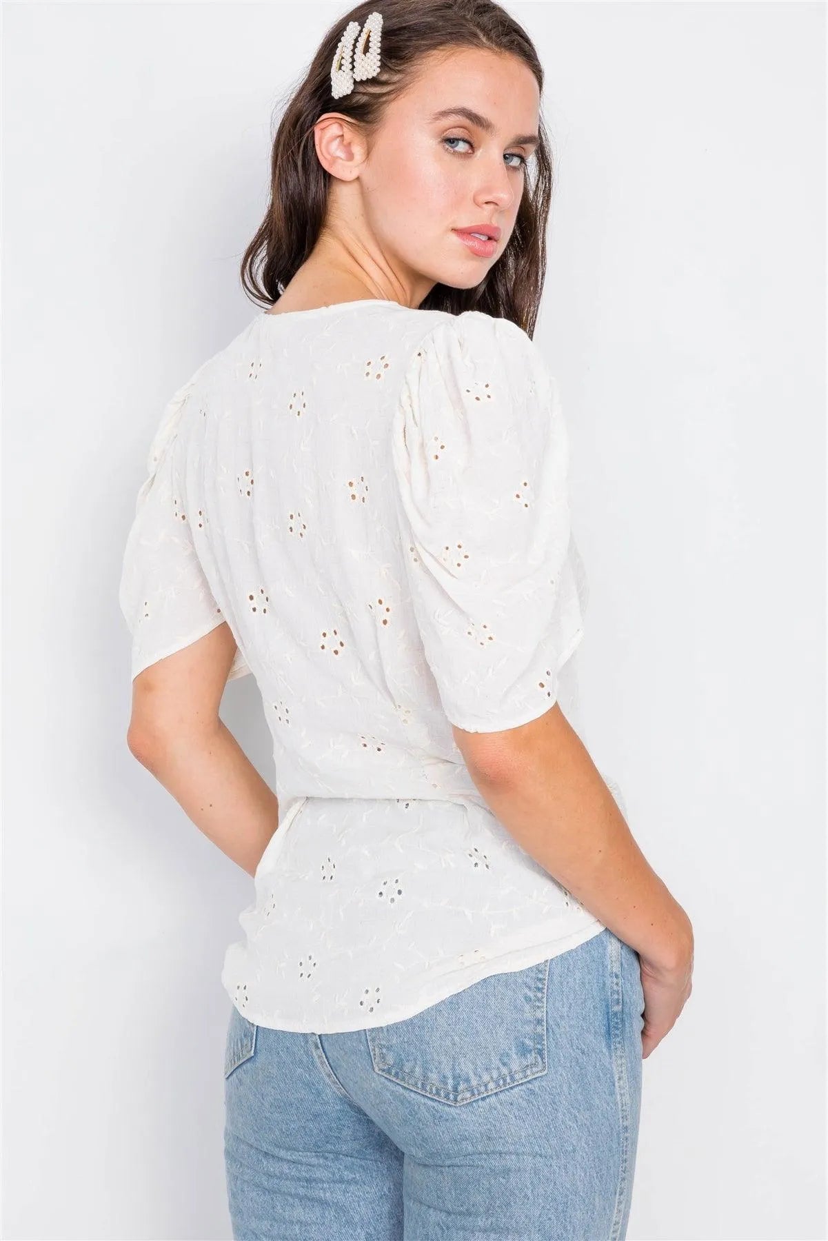 Natural Eyelet Flower Cap Sleeve Pleated V-Neck Blouse /2-2-2 - Tasha Apparel Wholesale