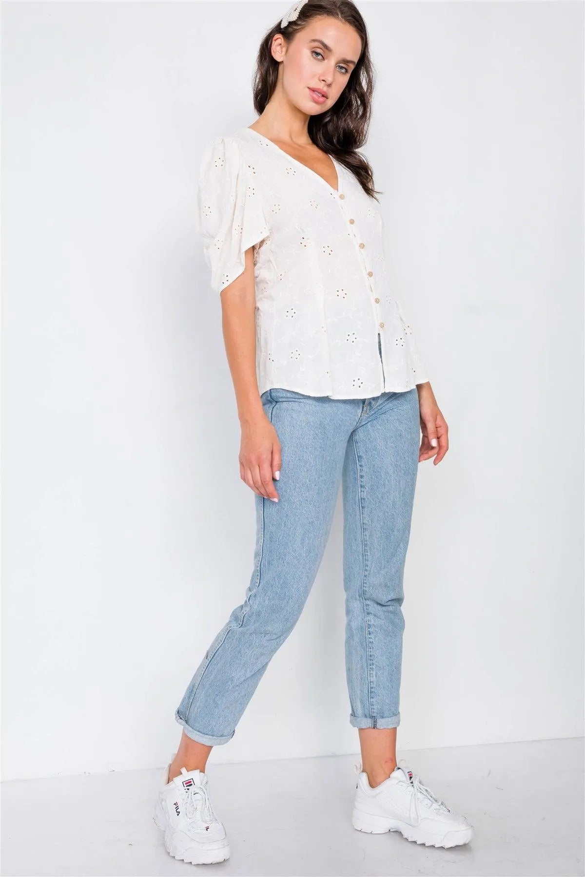Natural Eyelet Flower Cap Sleeve Pleated V-Neck Blouse /2-2-2 - Tasha Apparel Wholesale