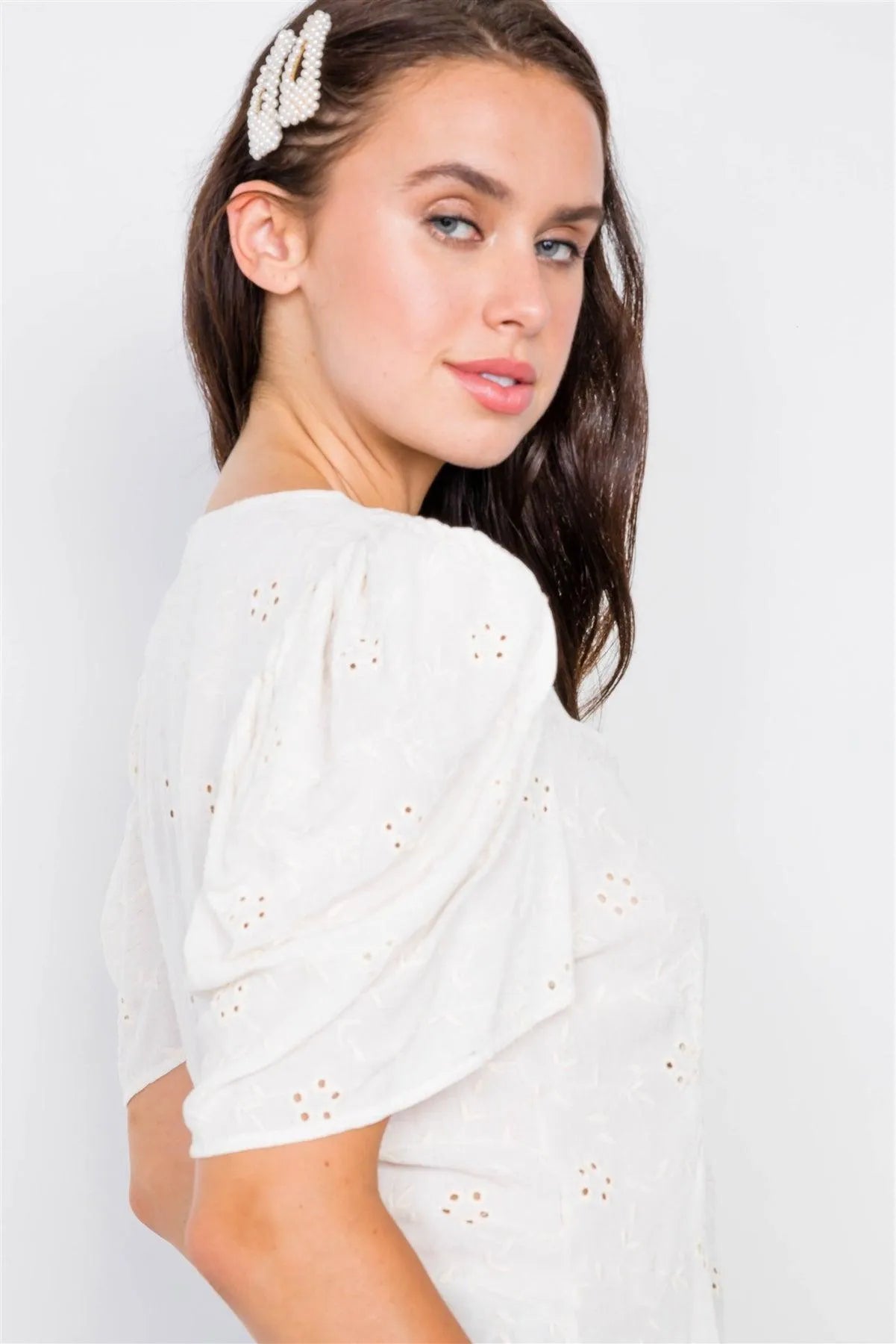 Natural Eyelet Flower Cap Sleeve Pleated V-Neck Blouse /2-2-2 - Tasha Apparel Wholesale