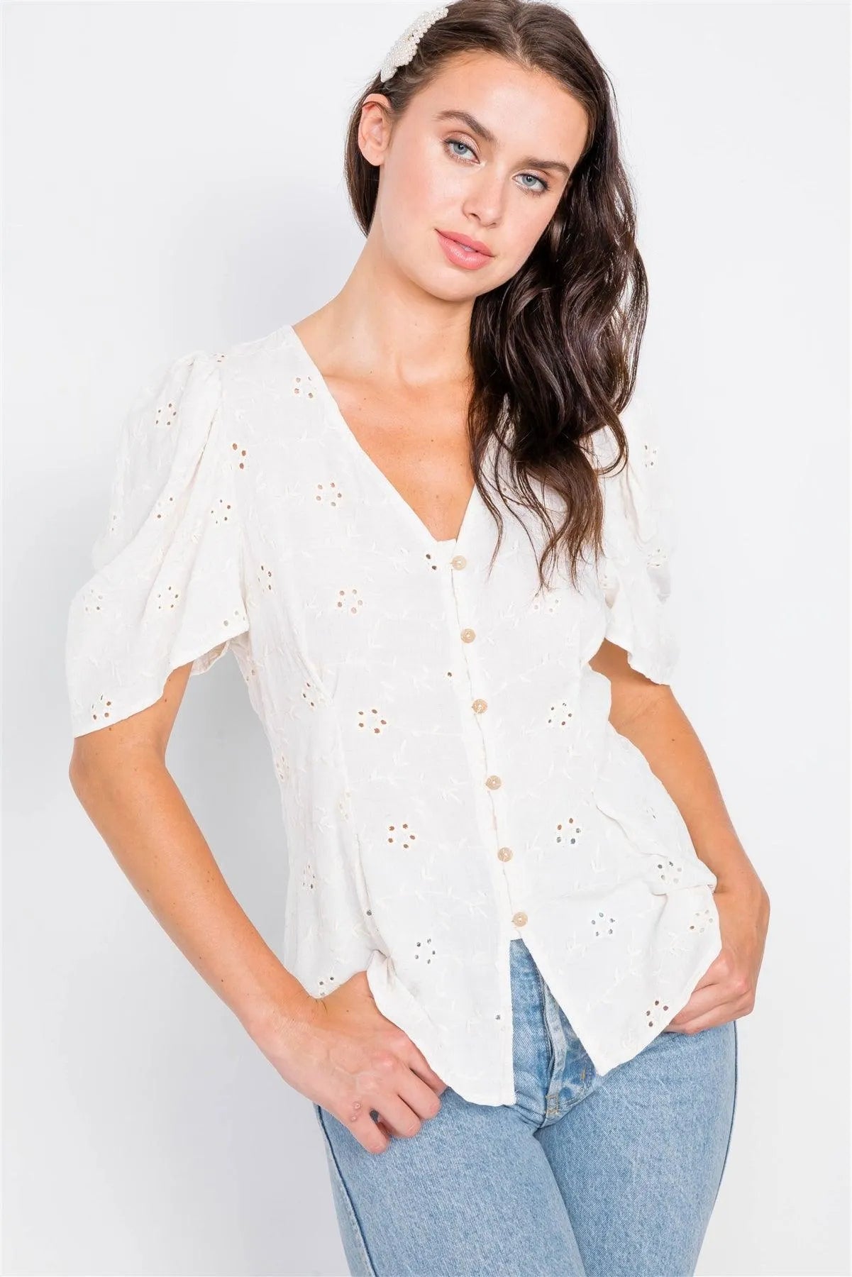 Natural Eyelet Flower Cap Sleeve Pleated V-Neck Blouse /2-2-2 - Tasha Apparel Wholesale
