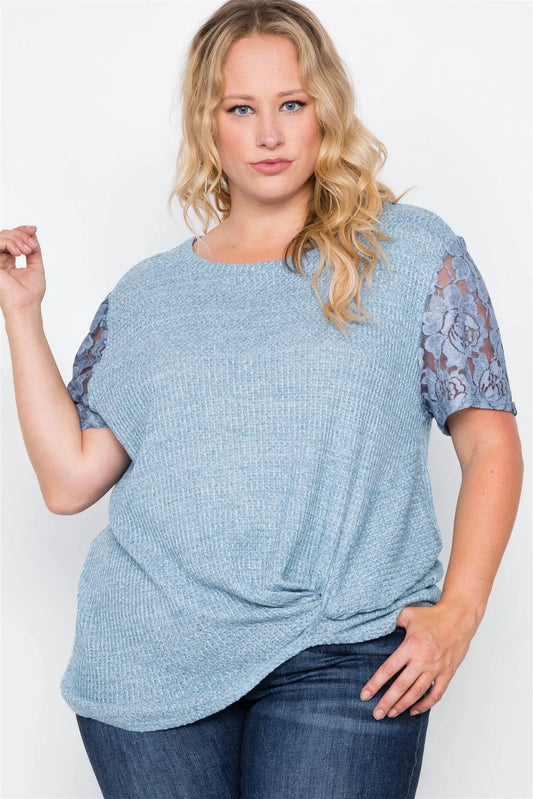 Plus Size Blue Short Lace Sleeves Knit Top /2-2-2 - Tasha Apparel Wholesale