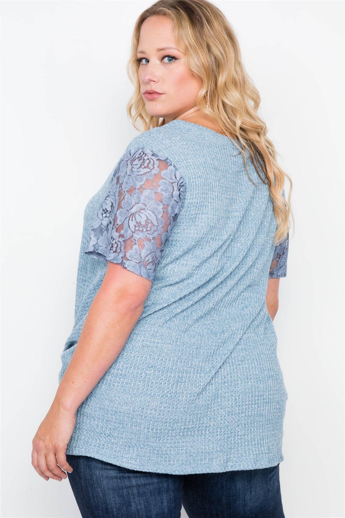 Plus Size Blue Short Lace Sleeves Knit Top /2-2-2