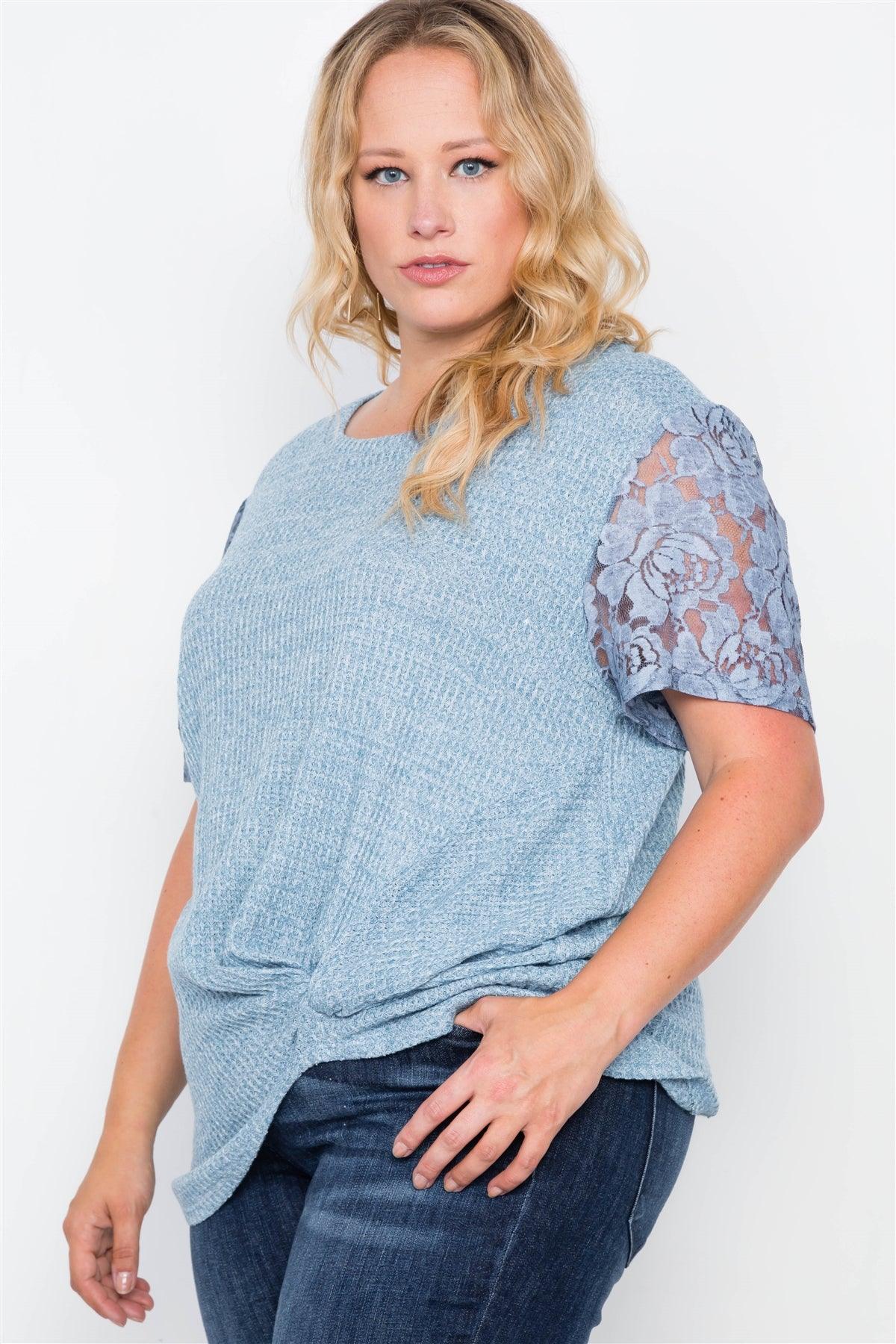 Plus Size Blue Short Lace Sleeves Knit Top /2-2-2