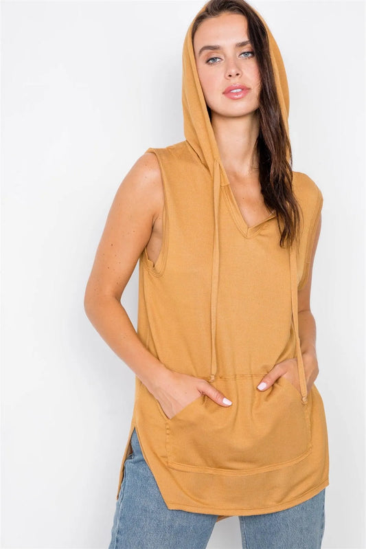 Caramel Sleeveless Hooded Front Pocket Muscle Top /2-2-2 - Tasha Apparel Wholesale