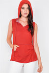Red Sleeveless Hooded Front Pocket Muscle Skate Top /2-2-2