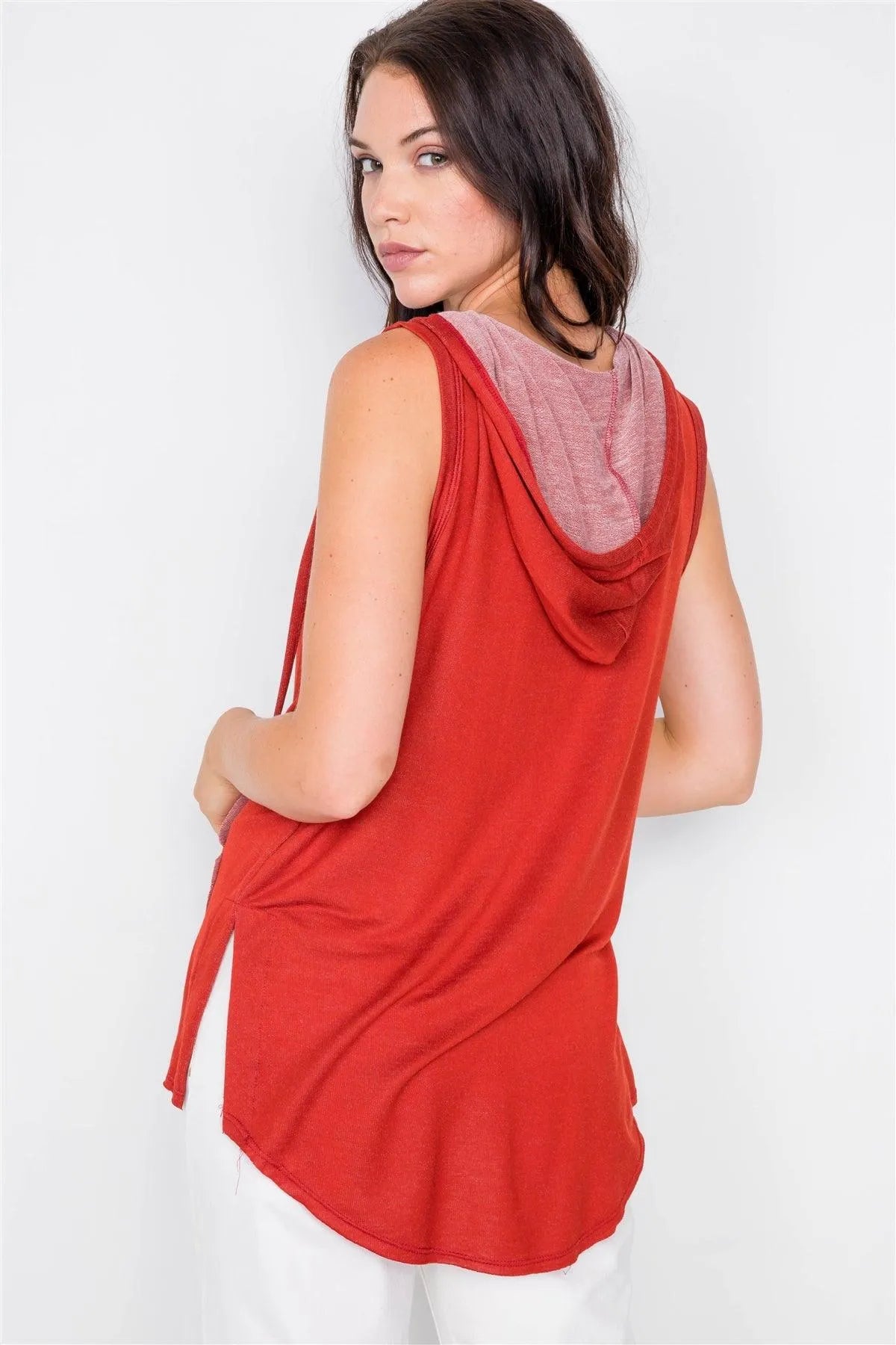 Red Sleeveless Hooded Front Pocket Muscle Skate Top /2-2-2 - Tasha Apparel Wholesale