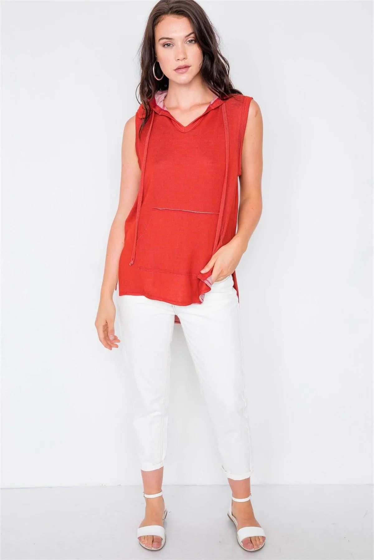 Red Sleeveless Hooded Front Pocket Muscle Skate Top /2-2-2 - Tasha Apparel Wholesale