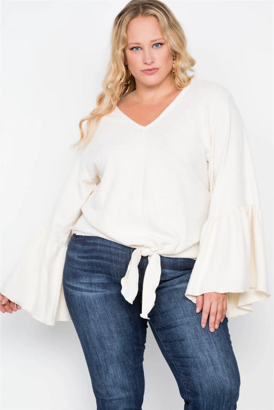 Plus Size Ivory Long Bell Sleeve V-Neck Sweater /2-2-2 - Tasha Apparel Wholesale