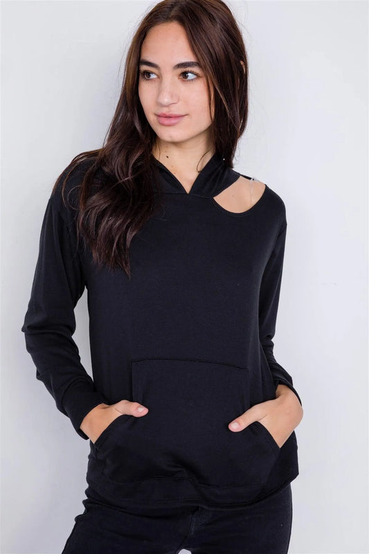 Black Shoulder Cut Out Pull Over Hoodie Relaxed Fit Sweater /2-2-2 - Tasha Apparel Wholesale