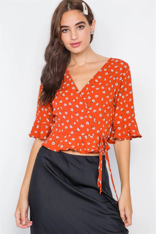 Brick Floral Satin Surplus Wrap Peplum Blouse - Tasha Apparel Wholesale