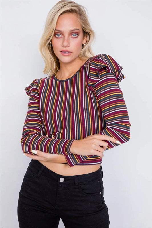 Purple Multi Stripe Open Back Ruffle Shoulder Crop Top /2-2-2 - Tasha Apparel Wholesale