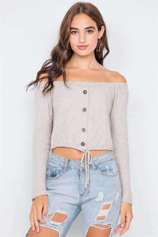 Beige Front Self-Tie Relaxed Fit Off-The-Shoulder Top - Tasha Apparel Wholesale