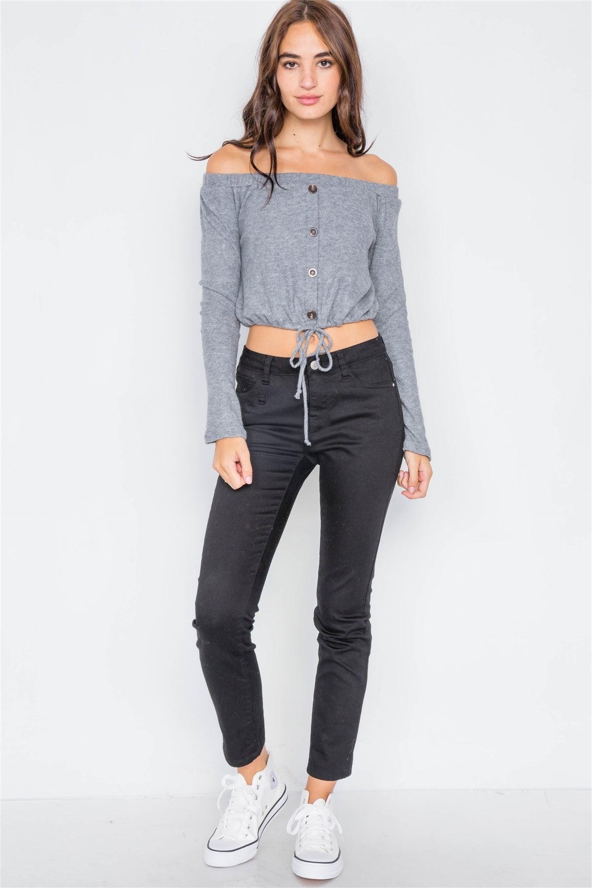 Grey Front Self-Tie Relaxed Fit Off-The-Shoulder Top /3-2-1