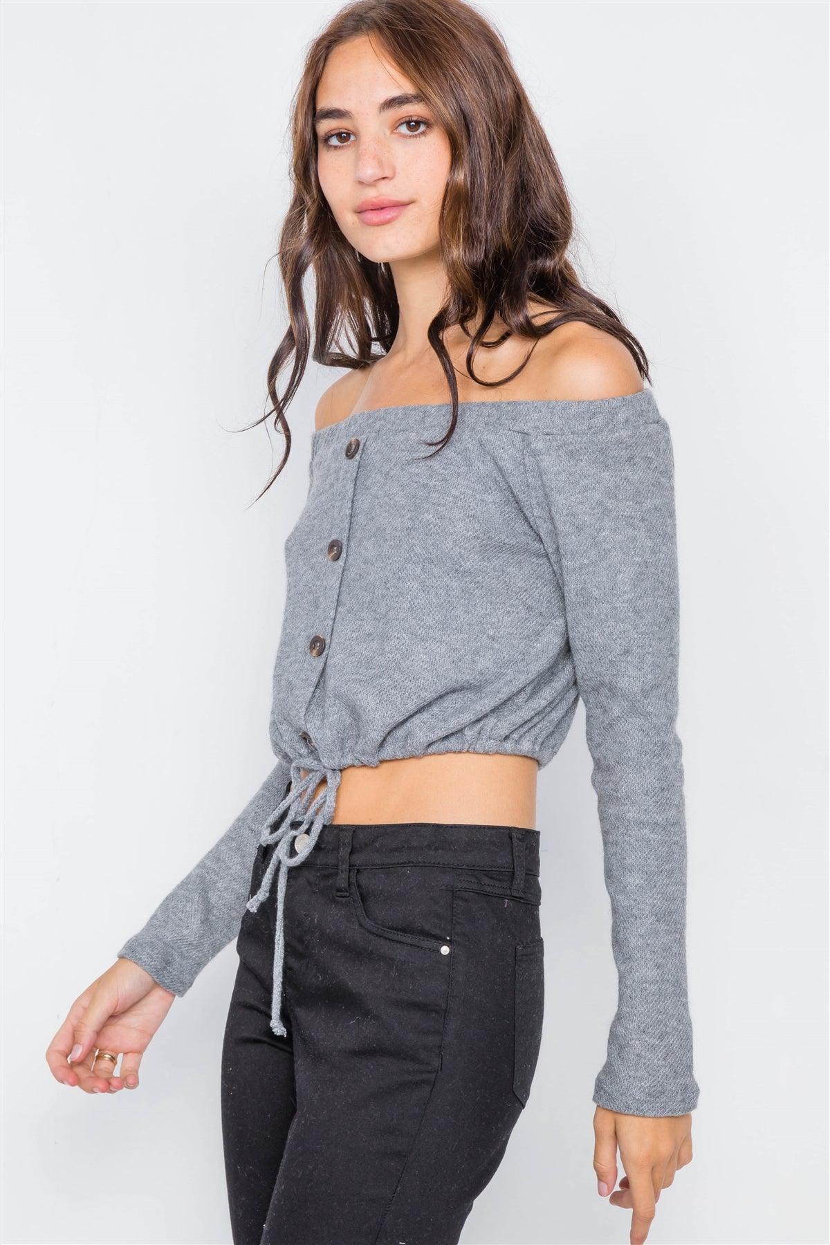 Grey Front Self-Tie Relaxed Fit Off-The-Shoulder Top /3-2-1