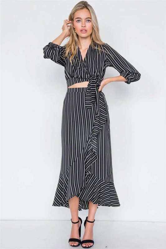 Black & White Stripe Crop V-Neck & Mock Wrap Midi Skirt Set /1-1-2 - Tasha Apparel Wholesale
