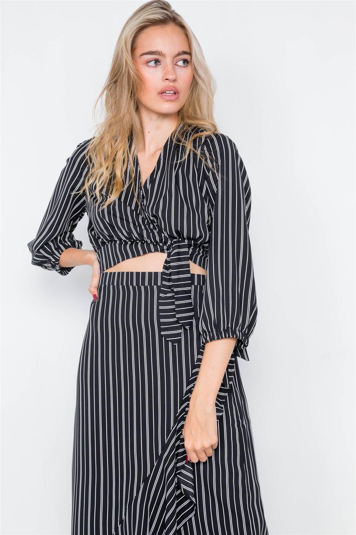 Black & White Stripe Crop V-Neck & Mock Wrap Midi Skirt Set /1-1-2