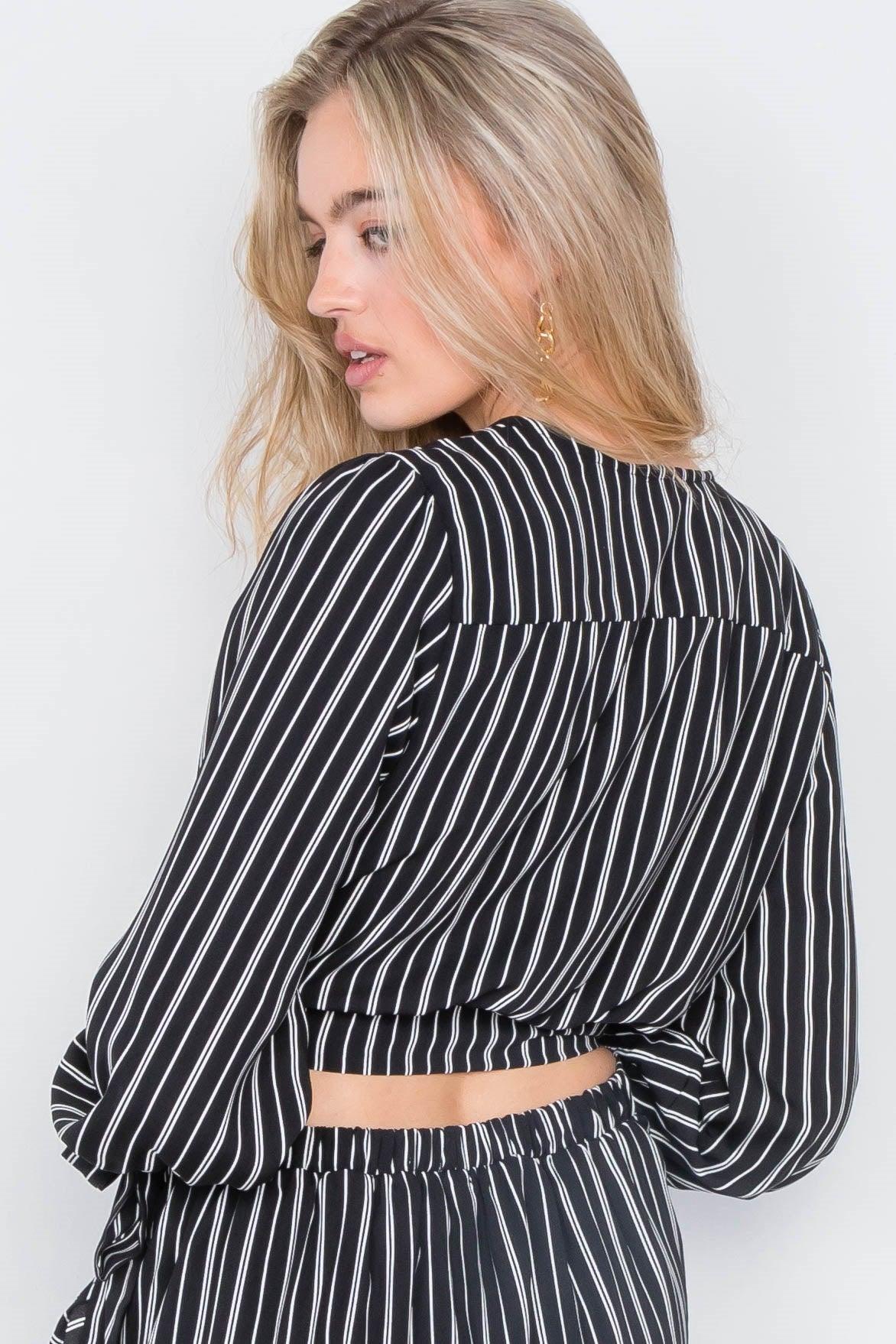 Black & White Stripe Crop V-Neck & Mock Wrap Midi Skirt Set /2-2-2