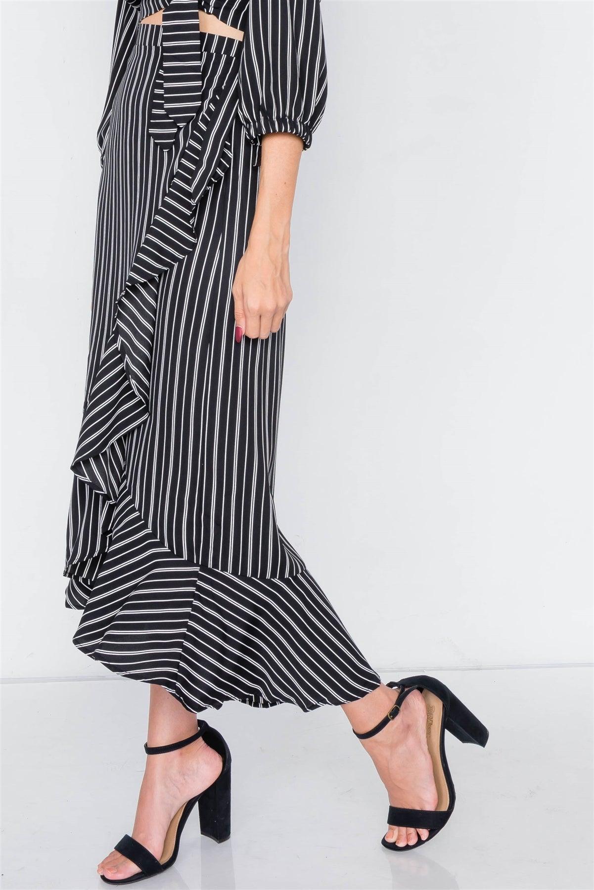 Black & White Stripe Crop V-Neck & Mock Wrap Midi Skirt Set /2-2-2