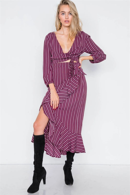 Burgundy & White Stripe Crop V-Neck & Mock Wrap Midi Skirt Set /2-2-2 - Tasha Apparel Wholesale