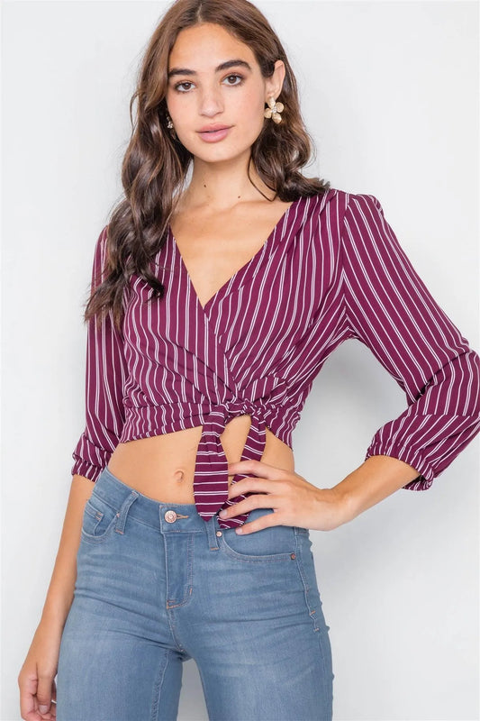 Burgundy & White Stripe Side Bow V-Neck Crop Top /2-2-2 - Tasha Apparel Wholesale