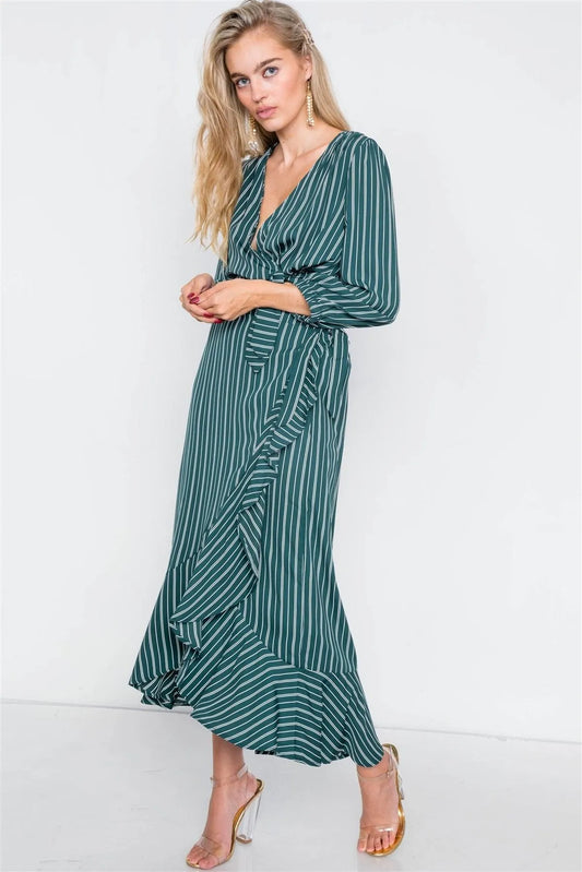 Green & White Stripe Crop V-Neck & Mock Wrap Midi Skirt Set /2-2-2 - Tasha Apparel Wholesale