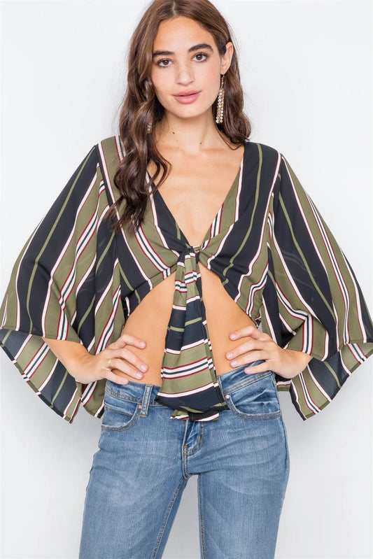 Green Sheer Front-Tie Multi Stripe Kimono Sleeve Crop Top /2-2-2 - Tasha Apparel Wholesale