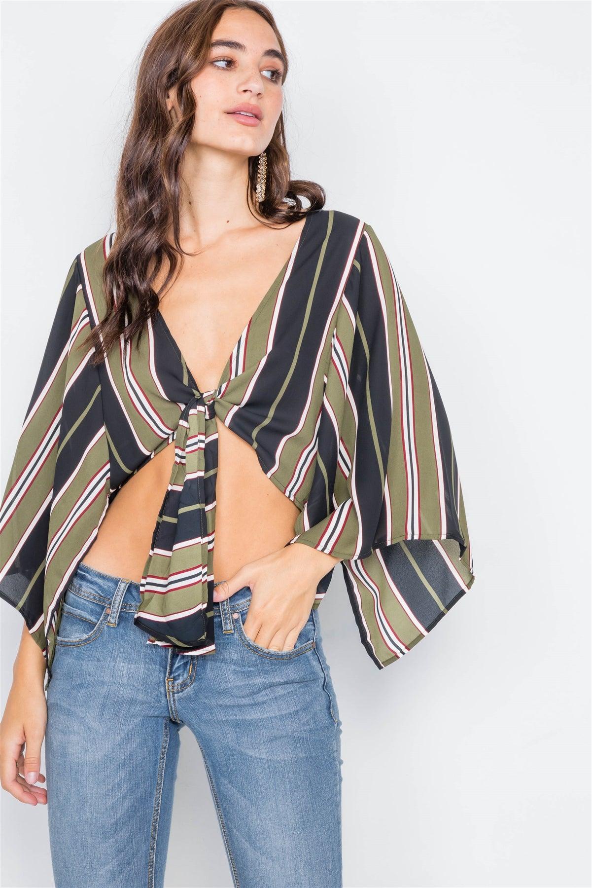 Green Sheer Front-Tie Multi Stripe Kimono Sleeve Crop Top