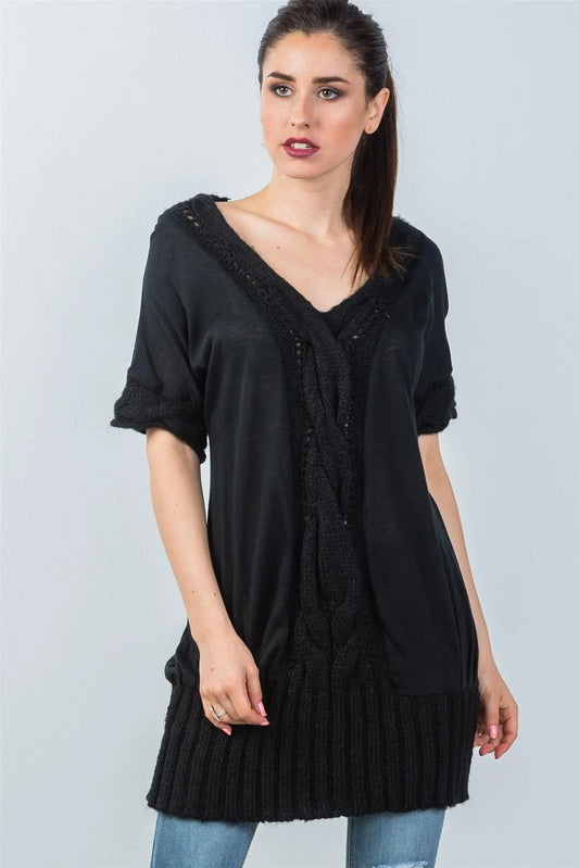 Black Center Cable Knit Pattern Tunic Sweater /3-1 - Tasha Apparel Wholesale