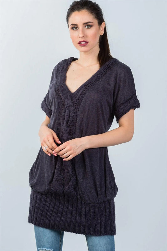 Navy Center Cable Knit Pattern Tunic Sweater / 4-4 - Tasha Apparel Wholesale