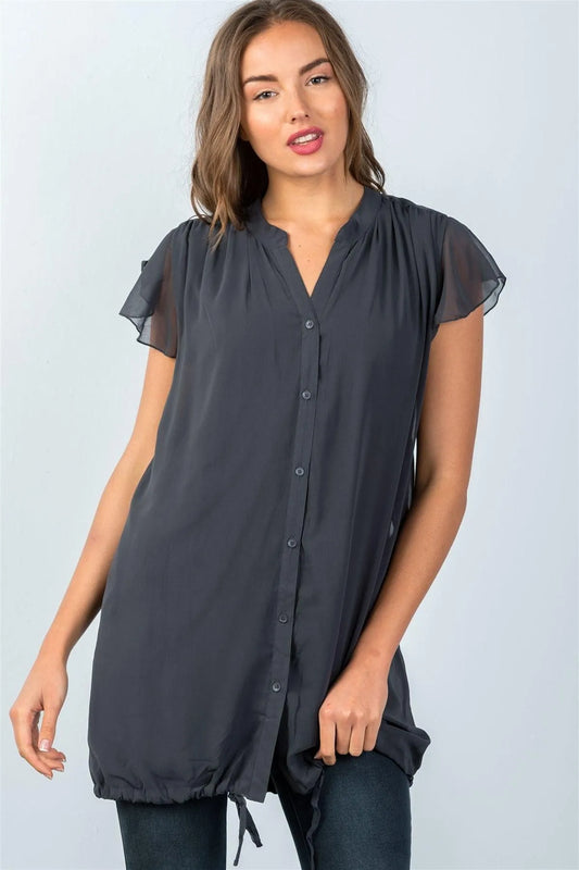 Charcoal Drawstring Hem Tunic Top / 2-3-3 - Tasha Apparel Wholesale