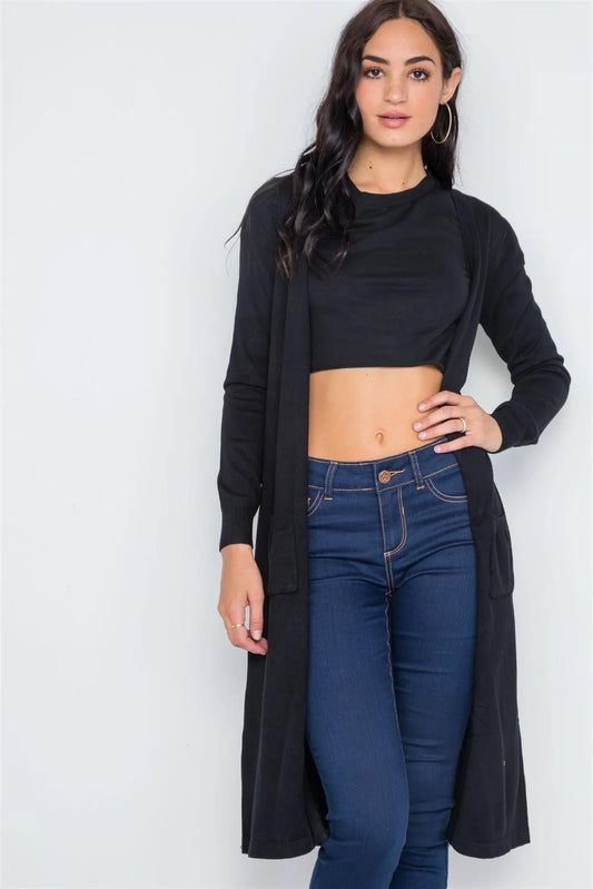 Black Button Front Longline Cardigan /3-2-1 - Tasha Apparel Wholesale