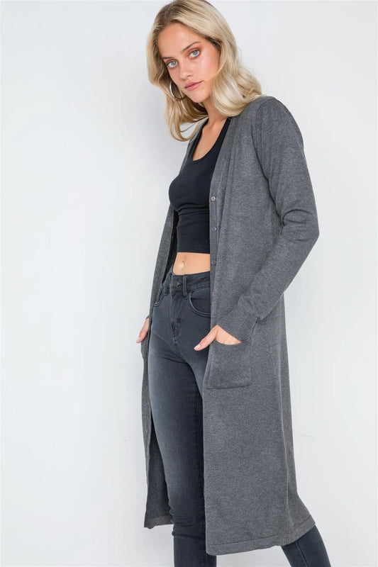 Charcoal Button Front Longline Cardigan - Tasha Apparel Wholesale