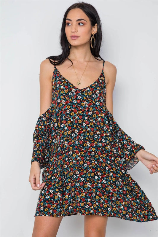 Black Boho Floral Print Cold Shoulder Bell Sleeves Mini Dress /2-2-2 - Tasha Apparel Wholesale