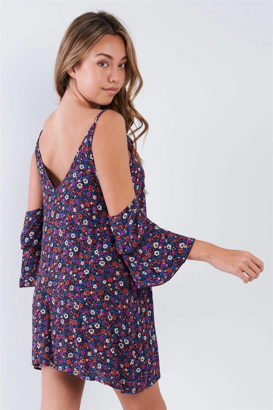 Boho Floral Print Cold Shoulder Bell Sleeves Mini Dress /2-2-2 - Tasha Apparel Wholesale