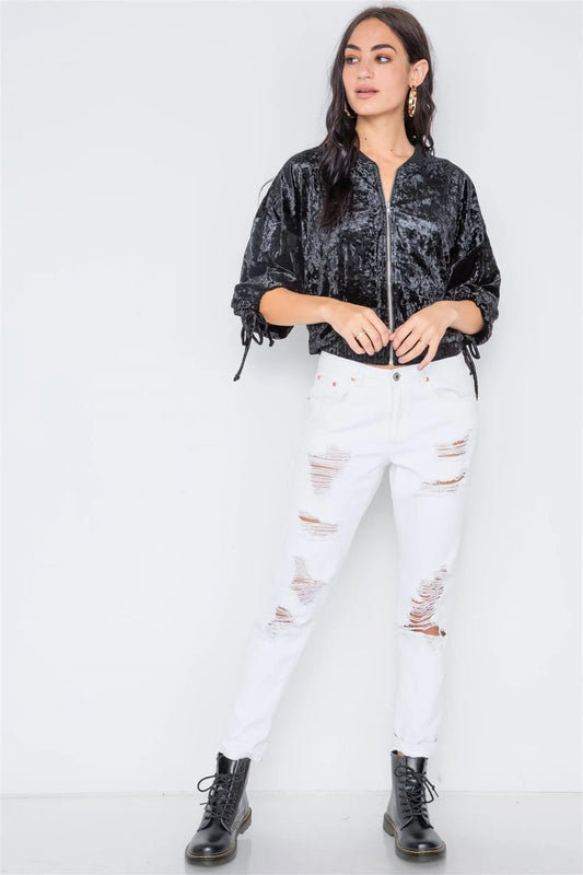 Black Crushed Velvet Zip Up 3/4 Sleeve Sweater /2-2 - Tasha Apparel Wholesale