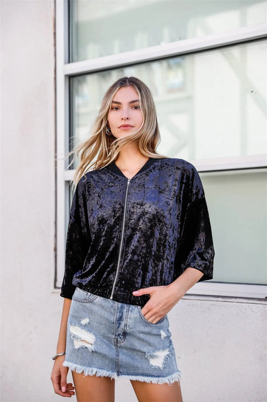 Black Crushed Velvet Zip Up 3/4 Puff Sleeve Sweater /2-2-2 - Tasha Apparel Wholesale