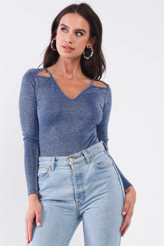 Diamond Sky Blue Glittery V-Neck Long Sleeve Cut-Out Shoulder Detail Bodysuit /3-2-1 - Tasha Apparel Wholesale