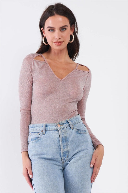 Pink Panther Blush Glittery V-Neck Long Sleeve Cut-Out Shoulder Detail Bodysuit /3-2-1 - Tasha Apparel Wholesale