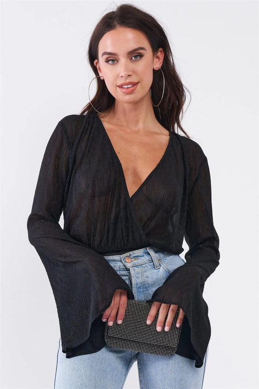Black Long Flare Sleeve Deep Plunge V-Neck Crushed Fabric Bodysuit /3-2-1 - Tasha Apparel Wholesale
