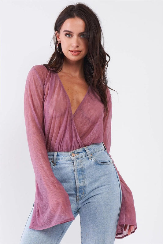 Dusty Rose Mauve Long Flare Sleeve Deep Plunge V-Neck Crushed Fabric Bodysuit /3-2-1 - Tasha Apparel Wholesale