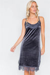 Gun Metal Velvet Lace Trim Mock Cowl V-Neck Midi Dress /3-2-1 - Tasha Apparel Wholesale
